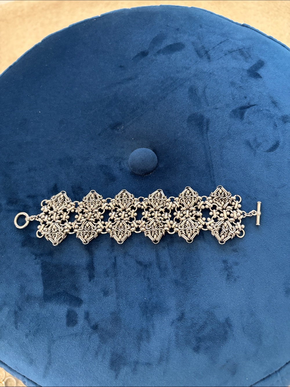 Vintage Balinesian Silver Floral Link Bracelet 6.75”
